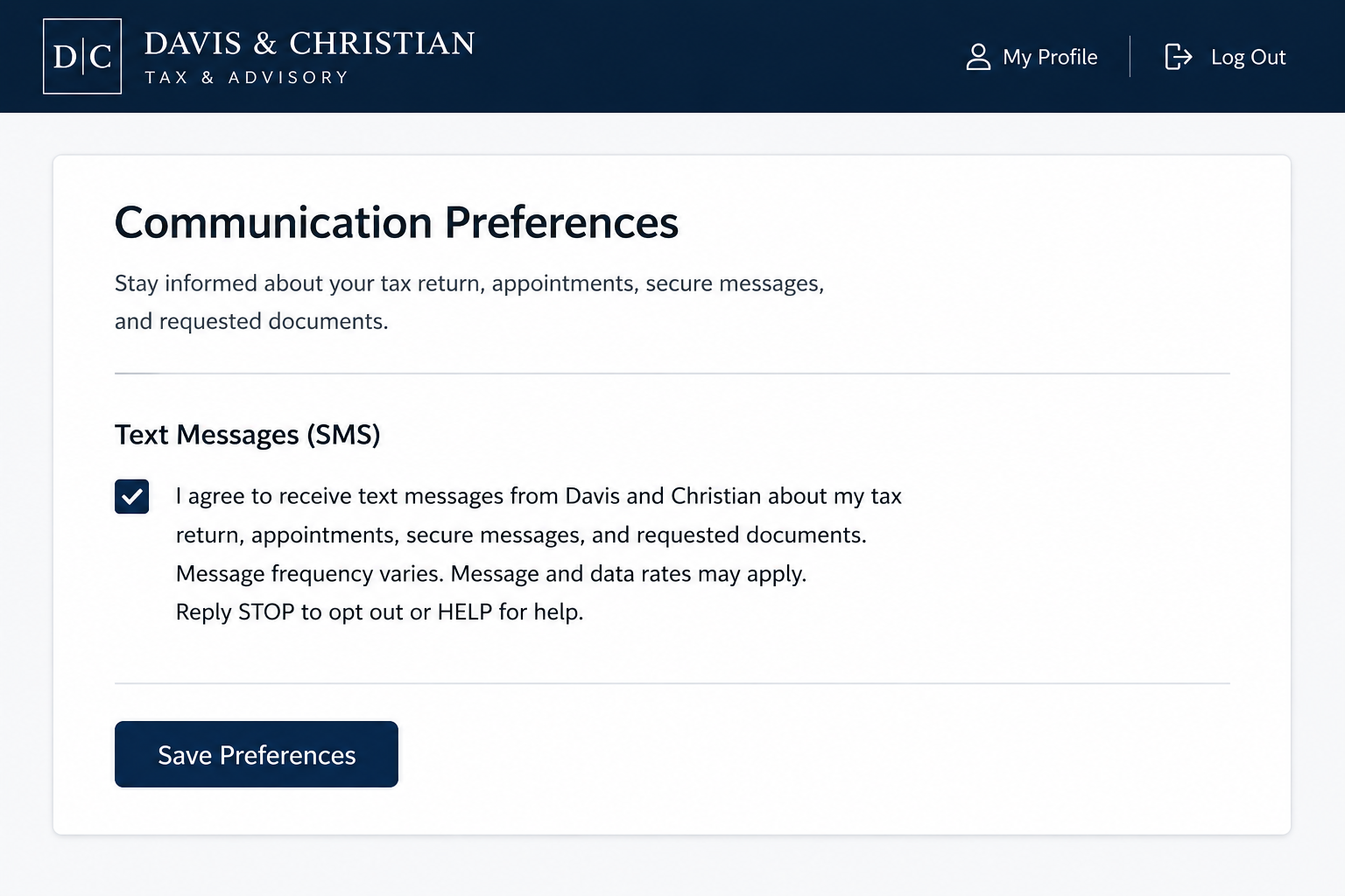 Client portal communication preferences screen showing checked SMS consent language.